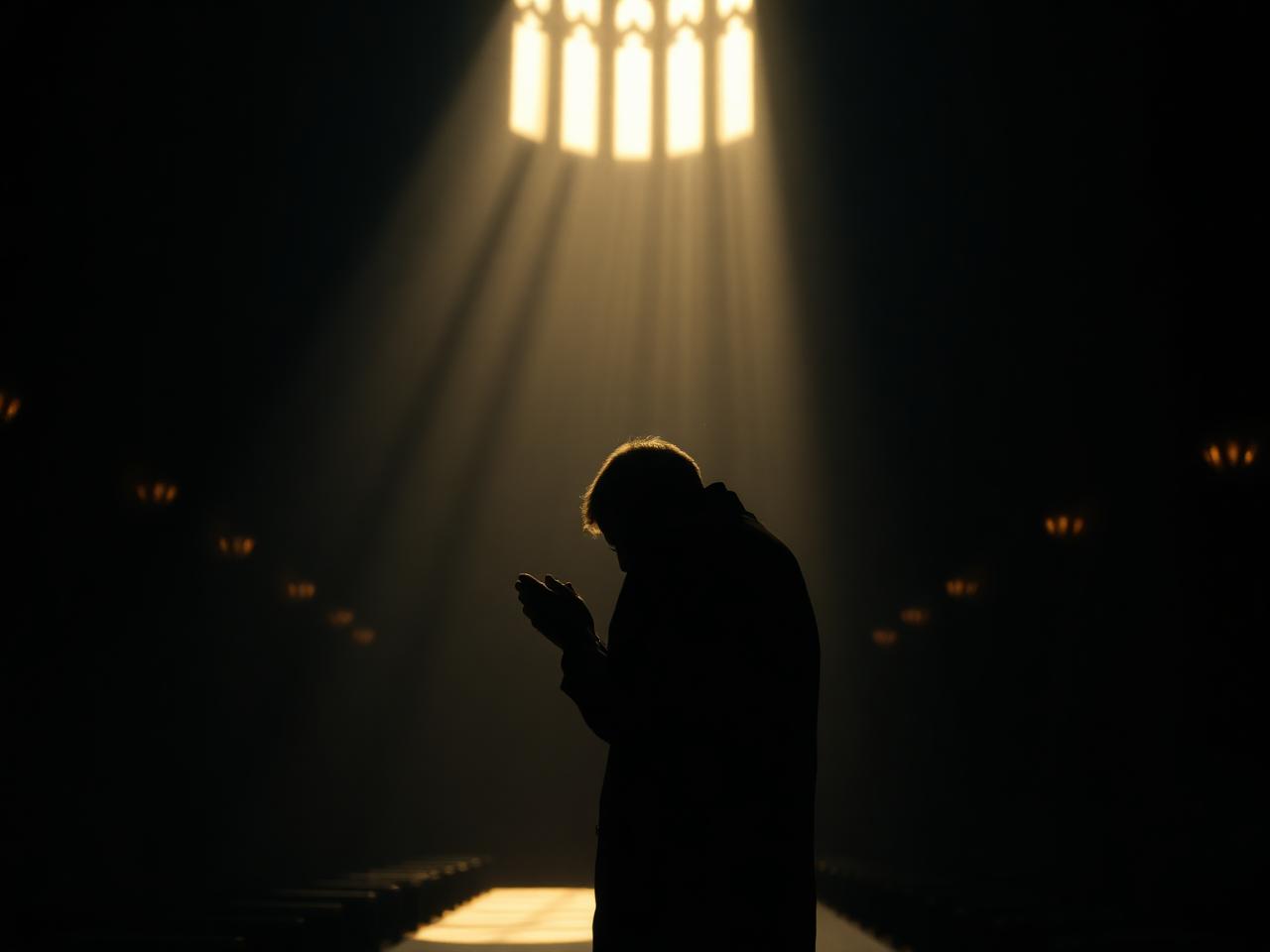 Silhouette of a person praying in light